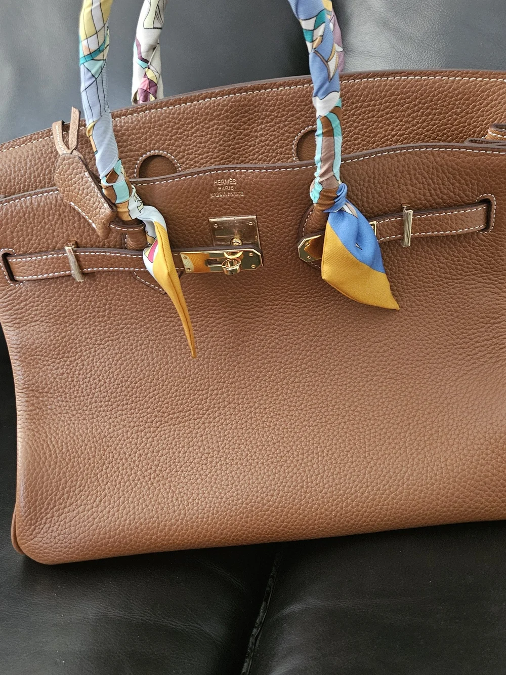 Hermes Like Orange and Gray Twilly  Scarf, Head And Bag  Accessories. Set Of 2.